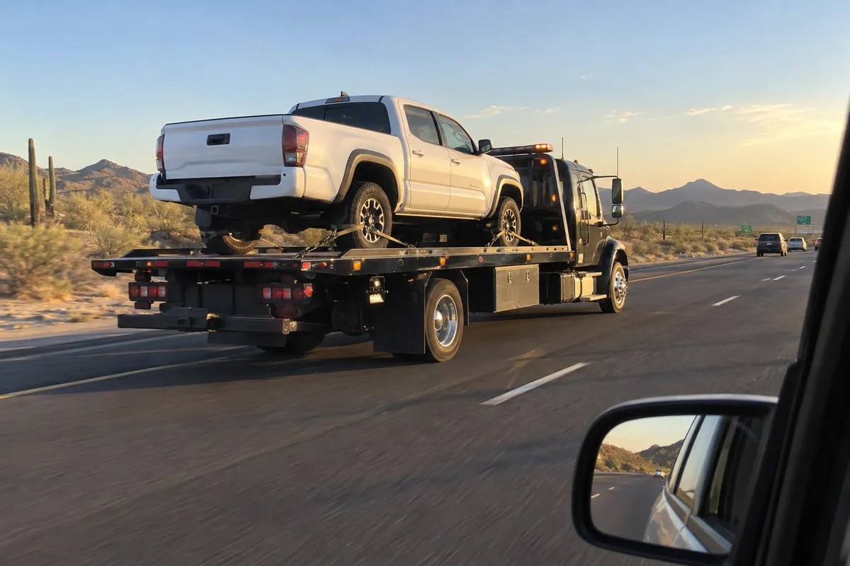 Flatbed tow truck hauling a pickup on an interstate highway through the desert
