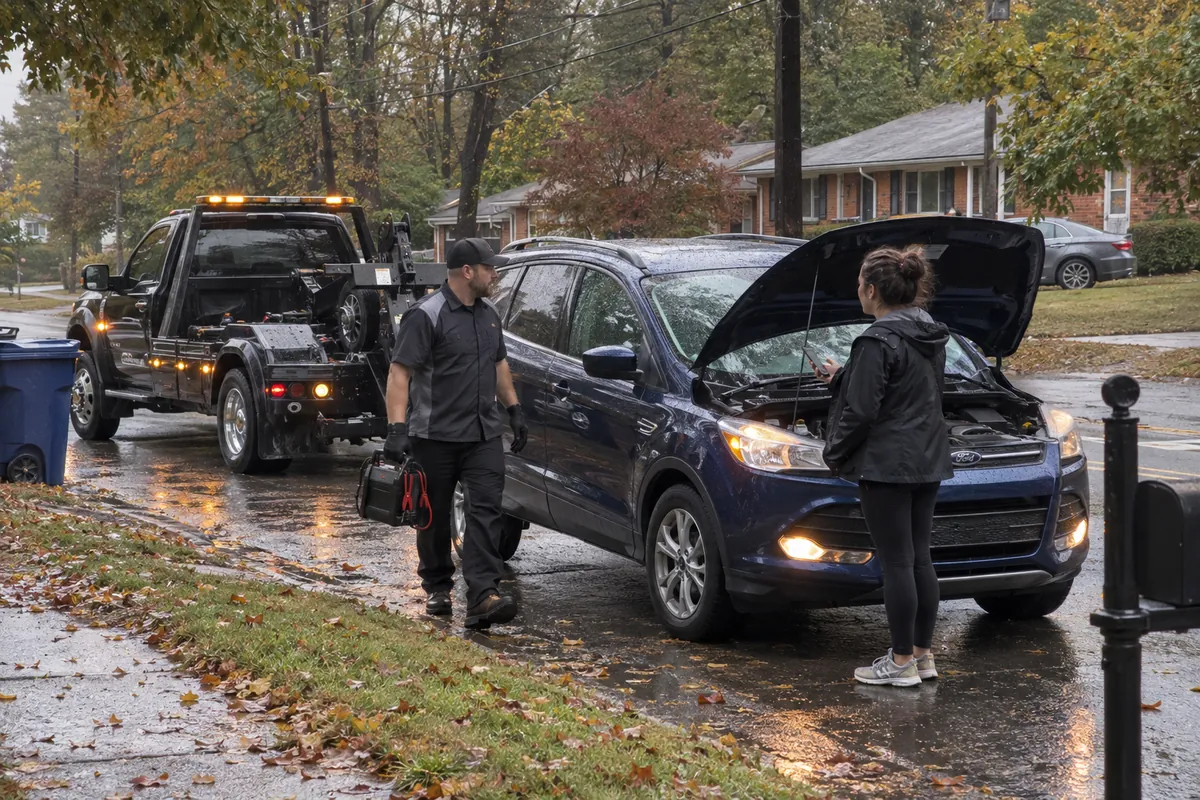 Tow operator arriving to help a driver with a dead battery on a suburban street