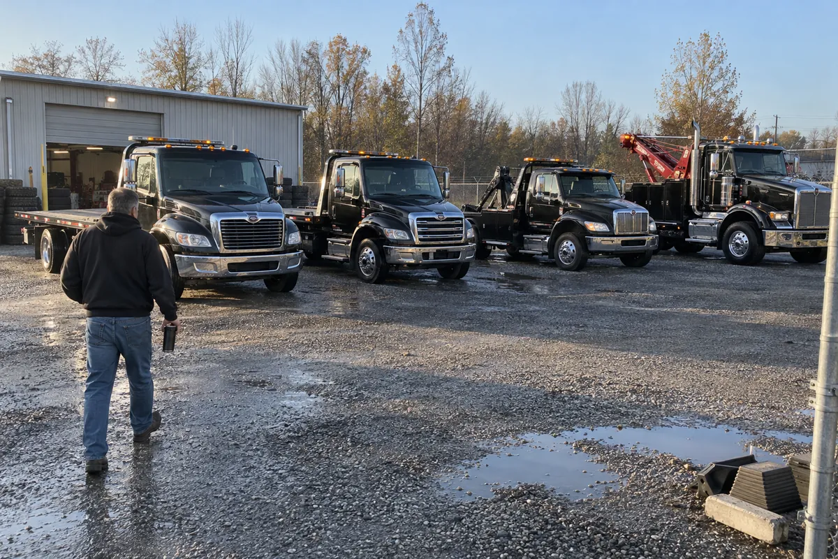 Tow company owner walking past a row of tow trucks in the yard at sunrise