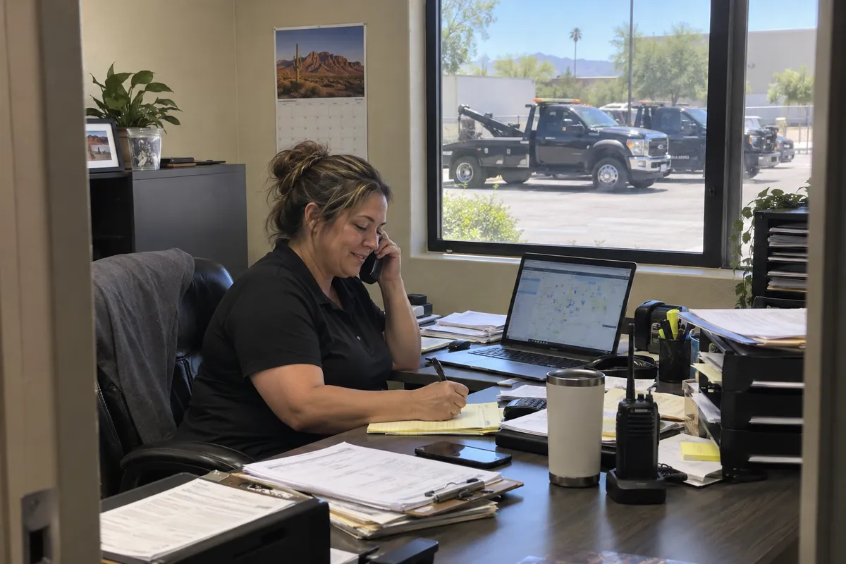 Towing company owner on a phone call at her office desk