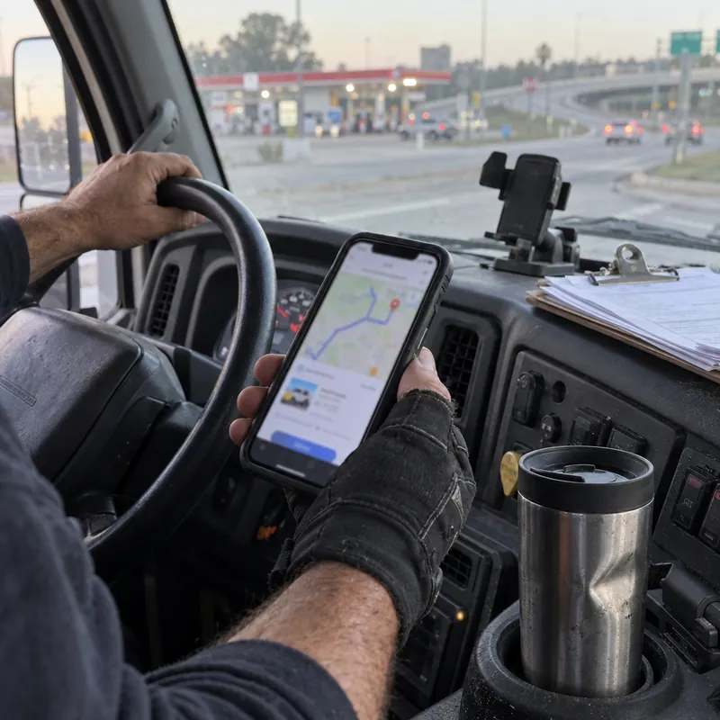 Tow truck driver checking a dispatch on his phone inside the truck cab