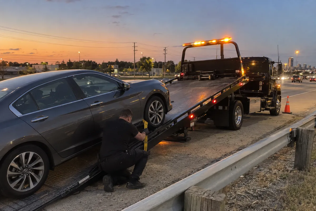 Tow operator strapping a car onto a flatbed tow truck at dusk
