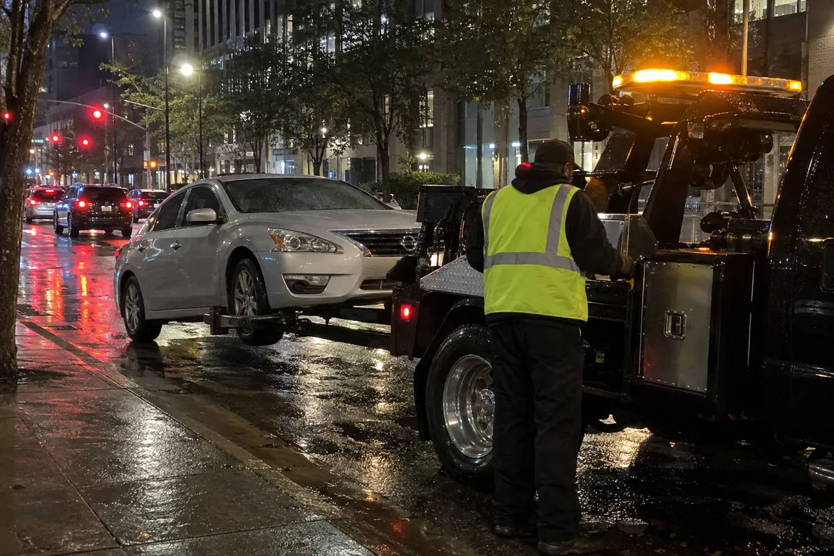 Wheel-lift tow truck picking up a car on a city street at night